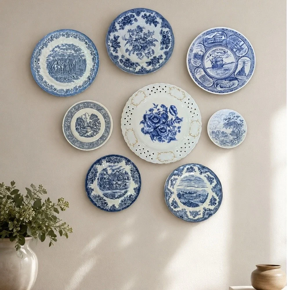 Vintage Blue White Transferware Plate Wall Gallery Set 8pc Mixed Sizes Cobalt